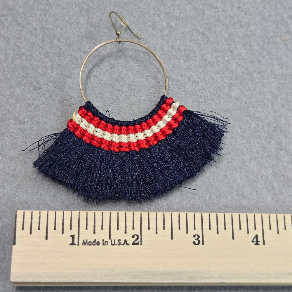 Plunder Tassel Hoop Earrings Women OS Navy Red White Striped Fringe‎ Fan Boho